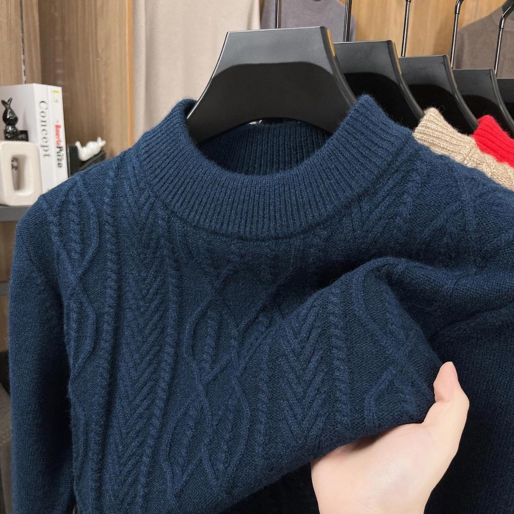 Men's Thick Warm Knitted Sweater, Half-High Collar, Winter Casual Mid-Age Dad Base Layer