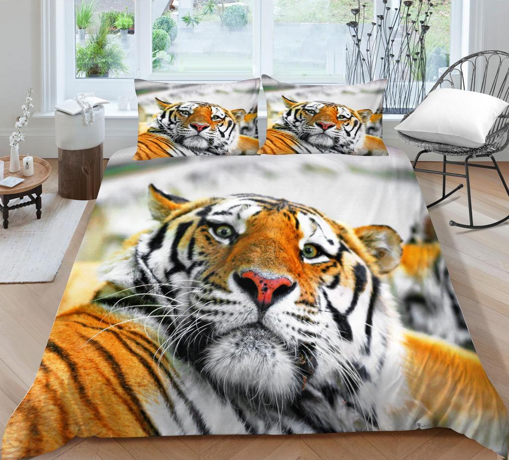 3D Tiger Pattern Luxury Home Bedding Set Full Size Quilt Cover and Pillowcase Ferocious Beast Print Washable Comfortable Bedroom Bedding