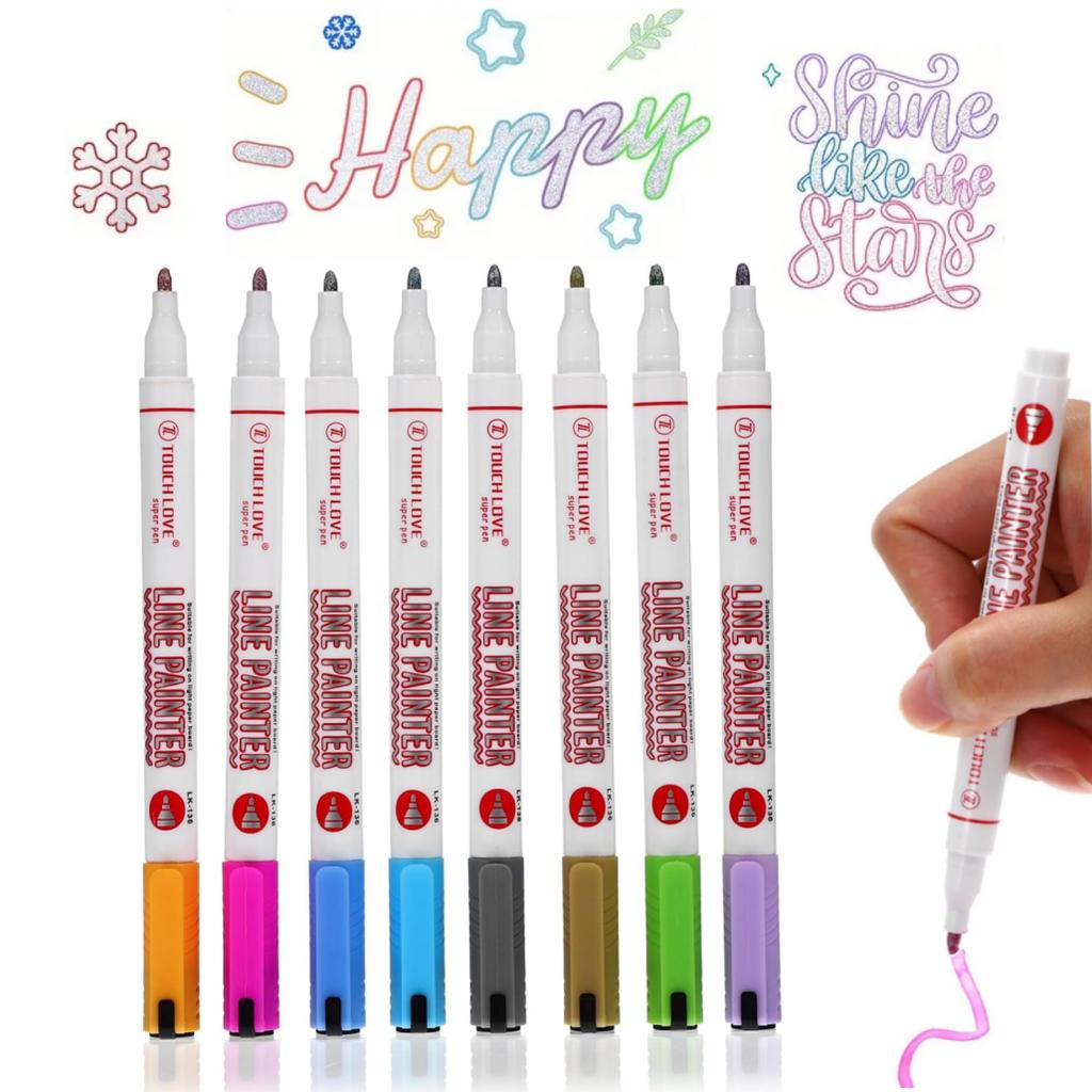 8pcs Shimmer Markers Outline Pens- Self Outline Metallic Markers,Double Line Pen for Art Drawing Greeting Cards Gifts