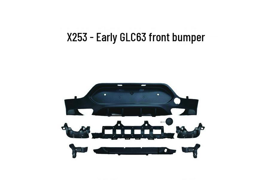 Compatible with Mercedes-AMG X253: GLC 63 front and rear bumpers, grille, and black/white/silver exhaust tips.