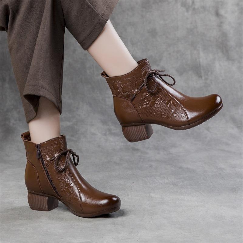 Retro Leather Single Boots for Women's Autumn and Winter New Medium Thick Heel Round Head Non-slip Martin Boots Embossed Warm Short Boots for Women