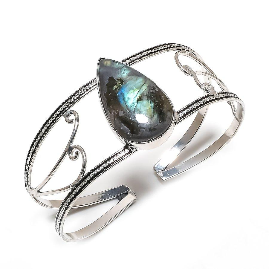 Natural Labradorite Gemstone 925 Sterling Silver Cuff Bangle Adjustable AC-1430