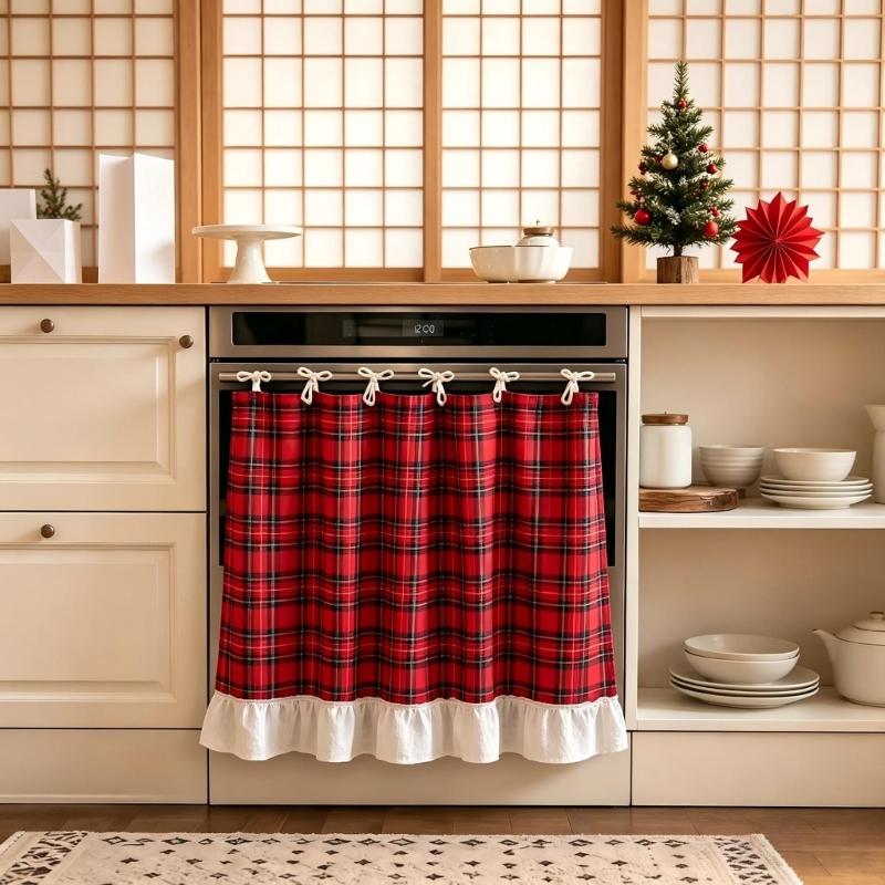 Red Patterned Oven Door Curtain Tie-On Fabric Kitchen Skirt with Ruffled Border for Cabinets Dishwasher Christmas Decoration