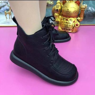 Casual Fashion Shoes Non-slip Soft Sole Women's Autumn and Winter Velvet Martin Boots Leather Flat Short Boots Women