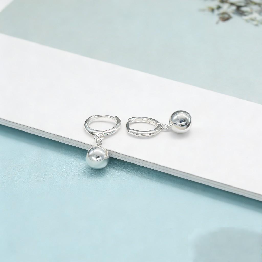 Sterling Silver 999 Polished Spherical Ball Earrings with Geometric Ear Hoops