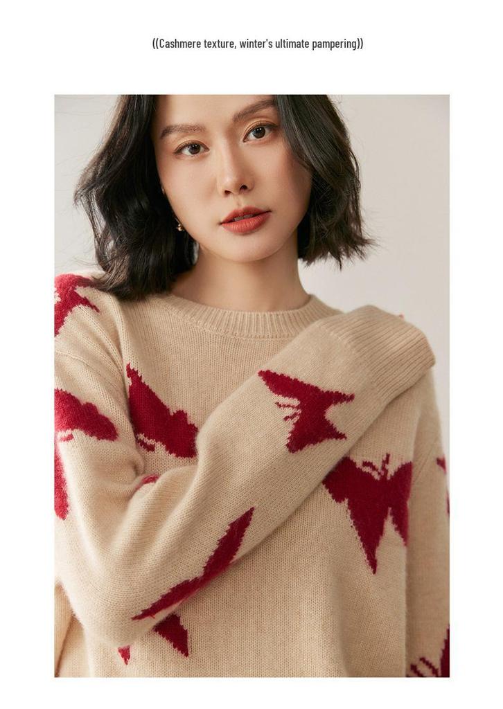 Women's Butterfly Cashmere Round Neck Sweater - 2025 Autumn/Winter Loose Slim Fit Knitwear