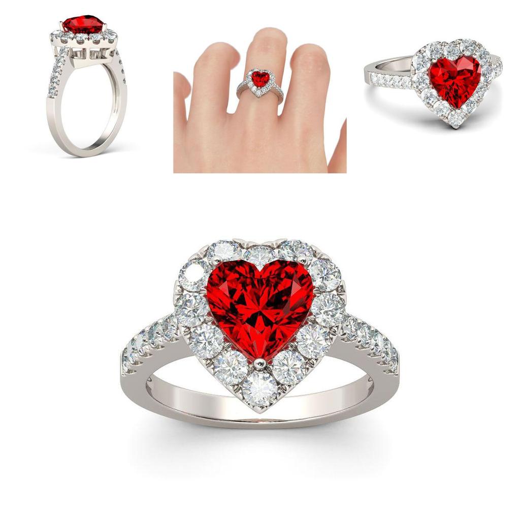 Elegant Silver Plated Ring With Red Ruby Gemstone Rhinestone For Proposal Gift
