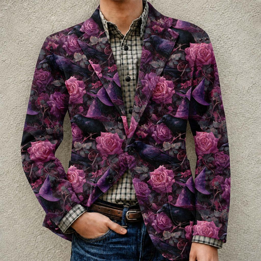 Men's Halloween Print Corduroy Warm Pocket Blazer Jacket Casual Suit Coat Lightweight Buttoned Front Outerwear for Fall Winter