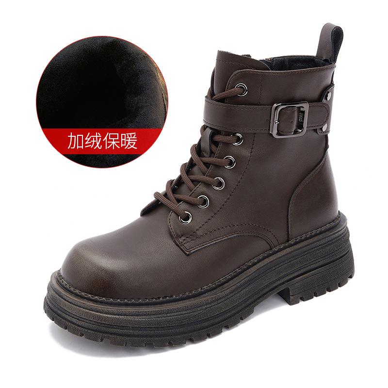 

Leather platform Martin boots women s 2025 new autumn and winter models brown velvet British style short boots warm boots women 40