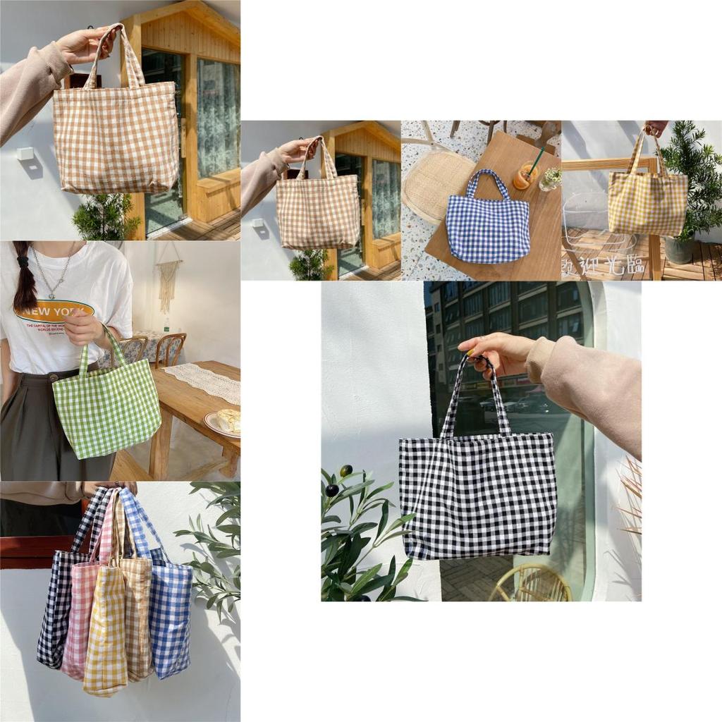 Charming Fresh Portable Bento Bag Japanese Style Plaid Handbag For Moms Students