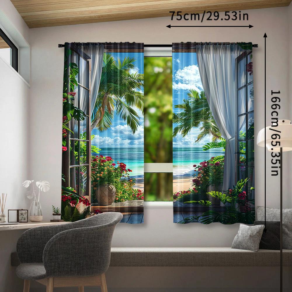 Fashionable Balcony Landscape Printed Curtains, Pole Bag Bedroom and Living Room, Home Decoration, Room Decoration