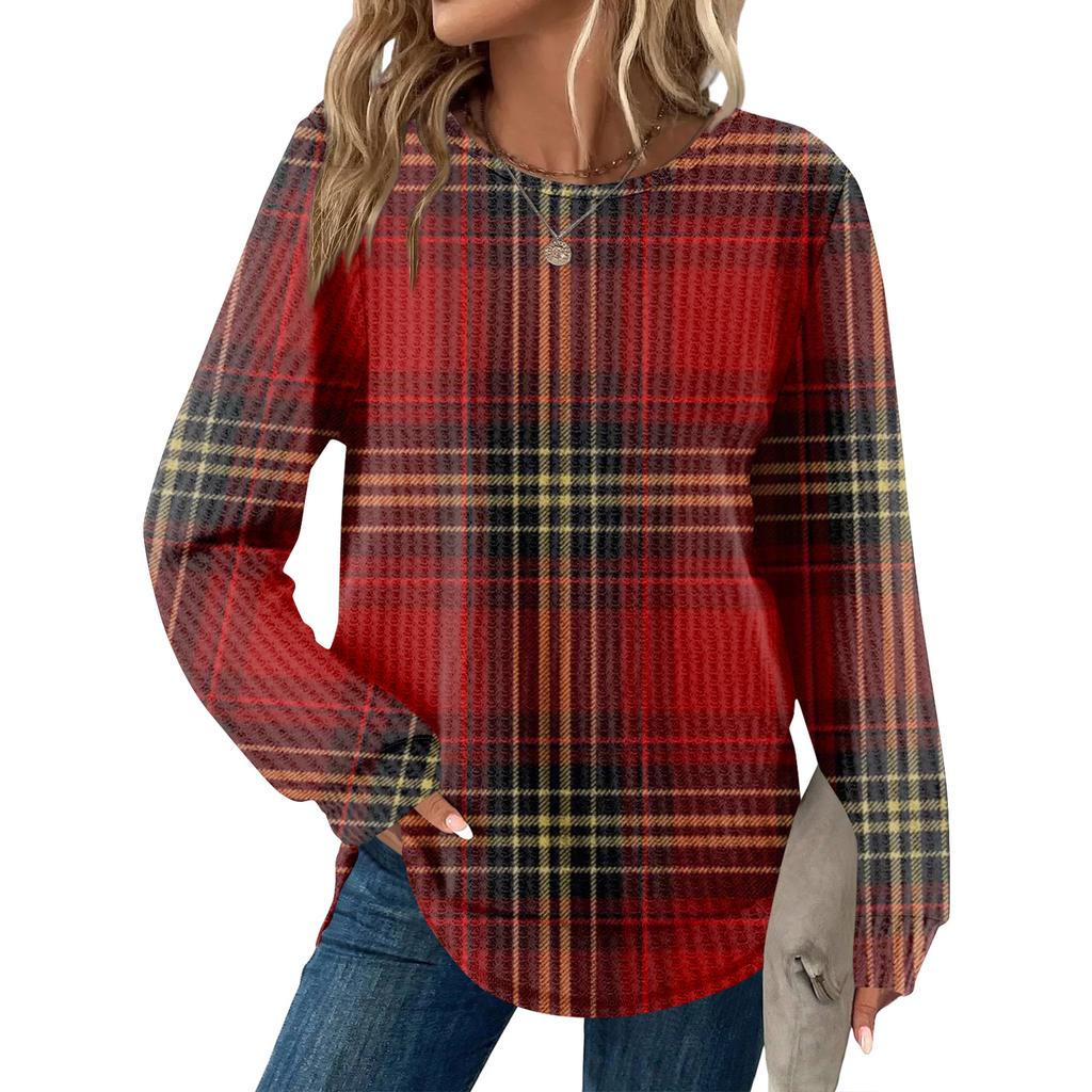 Women's Plaid Print Round Neck Long Sleeve Casual Loose Top