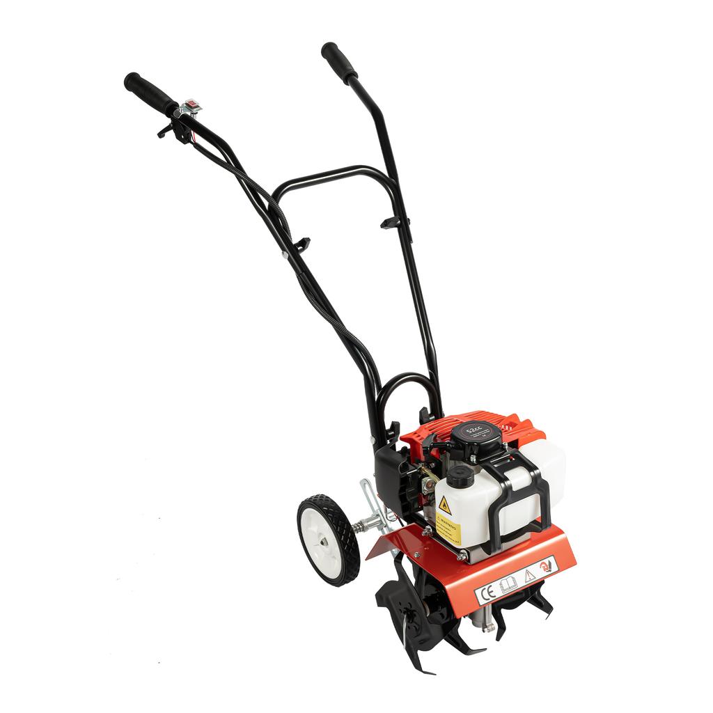 52cc 2-Stroke Gas Tiller, 1900W Cultivator w/ 4 Steel Blades, Handheld Pull-Start Tiller for Garden, Farm, Greenhouse Tilling
