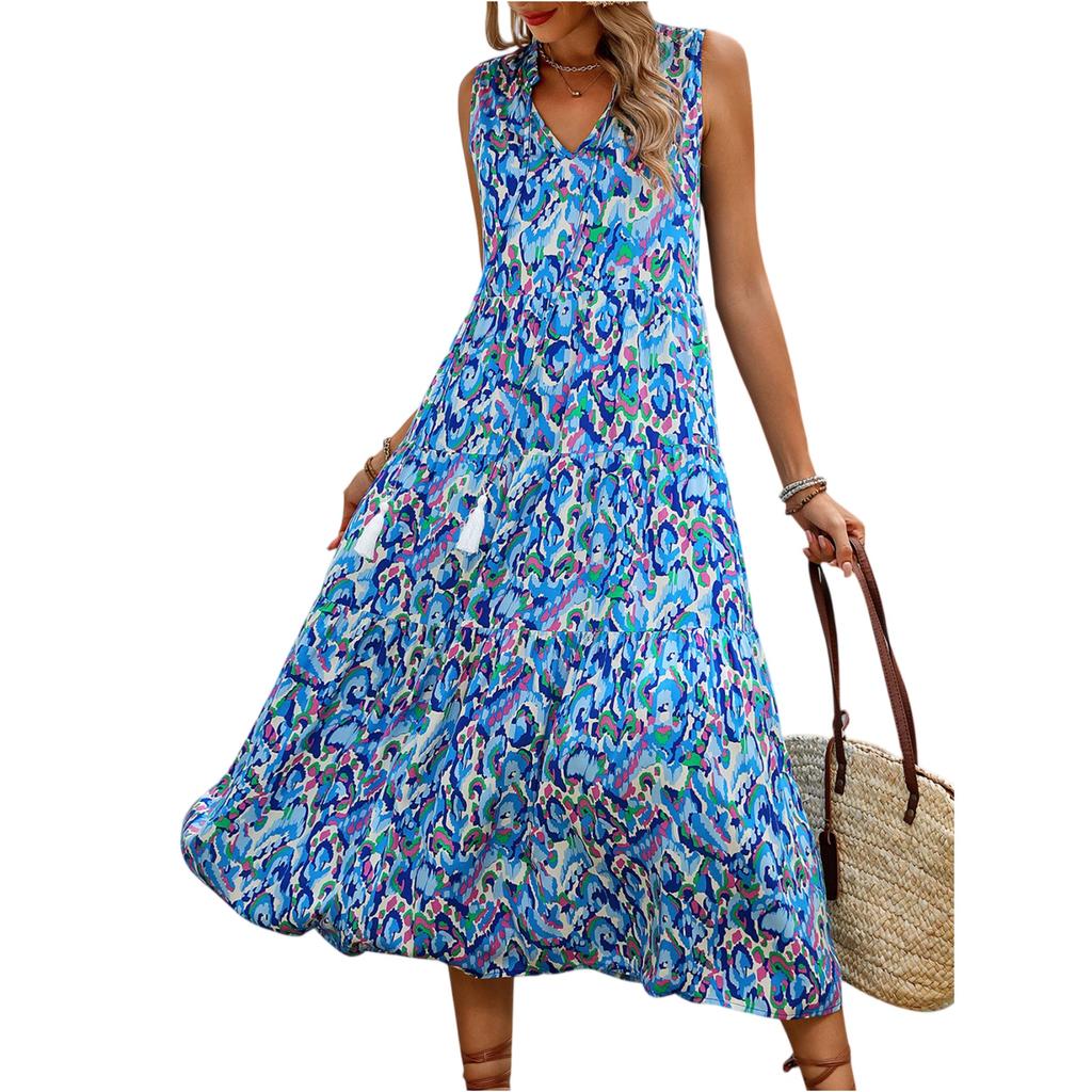 Ärmelloses Damenkleid Lässig Fließend A-Linie Midi T-Shirt Kleider Mit Taschen Rundhals Urlaub Boho Strand Sommerkleid