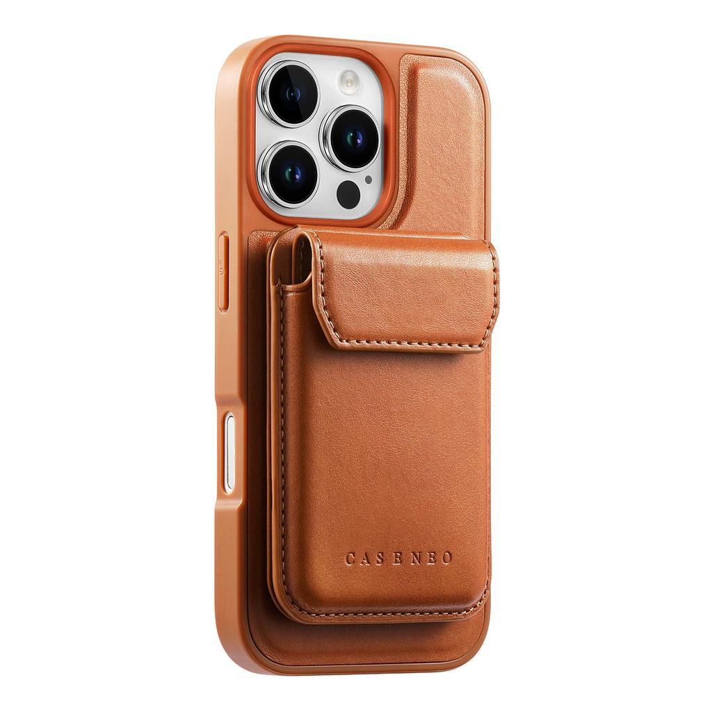 CASENEO For iPhone 16 Pro Magnetic Case PU Leather PC Phone Cover with Detachable Card Holder Kickstand Compatible with MagSafe