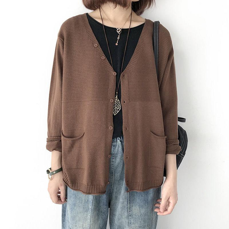 Spring and Autumn Loose V-neck Long Sleeved Knitted Cardigan Women's Top Autumn Thin Sweater Women's Coat