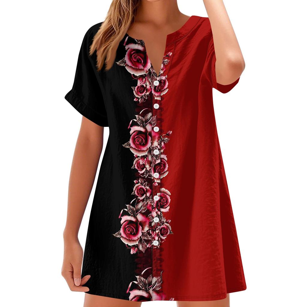Women Fashion Casual V-neck Short Sleeve Button Retro Floral Print Dress