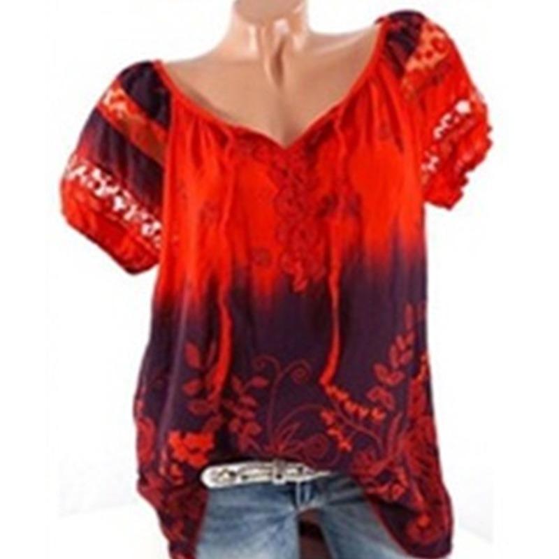 Ladies Summer Tops V-Neck Printed Lace Lace Short Sleeve T-Shirt