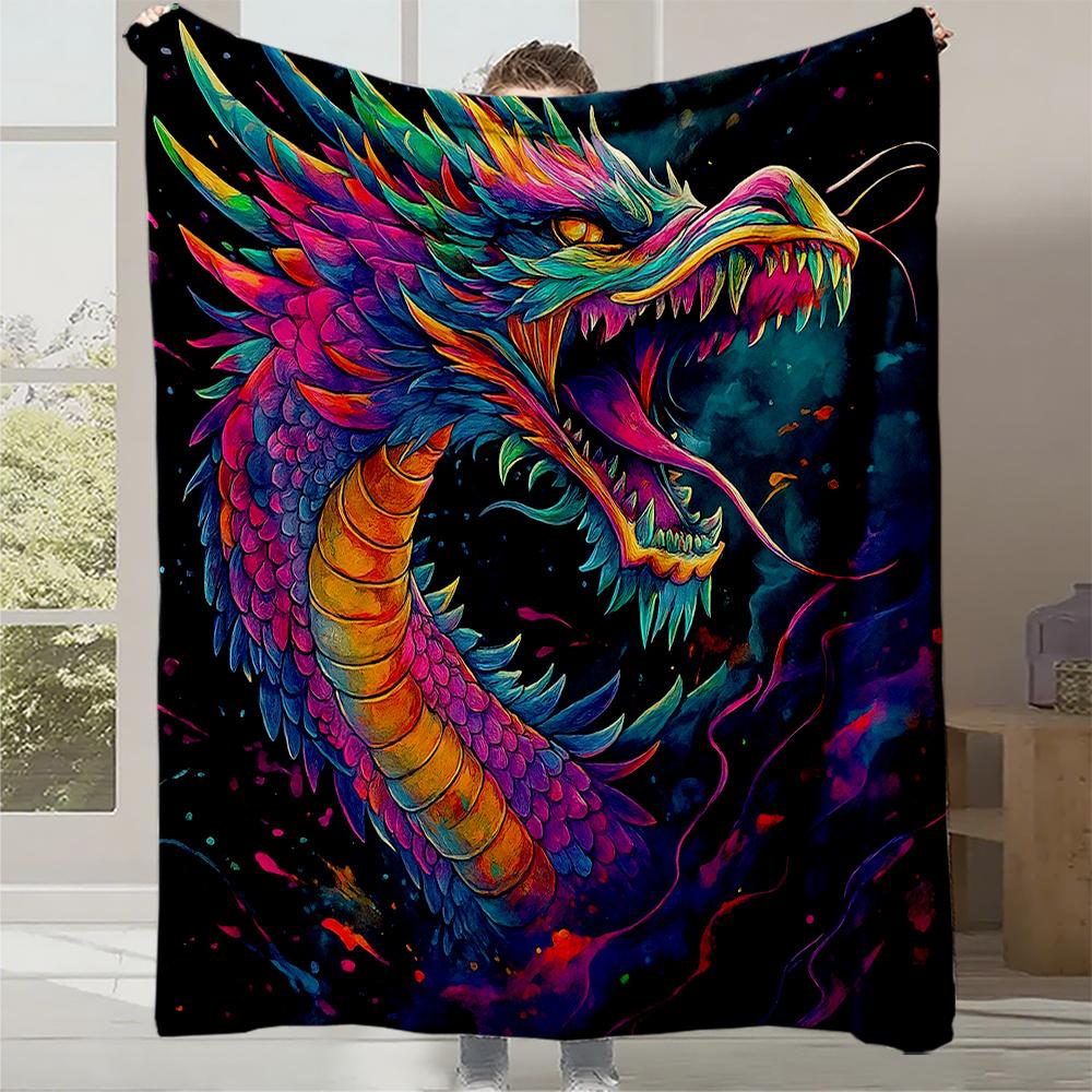 1Pc Multicolor Neon Rainbow Dragon Scale Plush Fleece Blanket - Heavy-Duty All-Season Bedspread With Chinese-Inspired Black Back