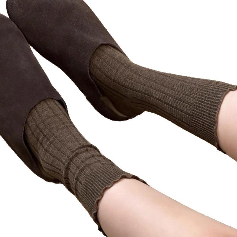 Black Ear-rimmed Women's Mid-calf Socks for Spring and Autumn, Coffee-colored Retro Pile Socks for Autumn and Winter, Pure Cotton Versatile and Trendy