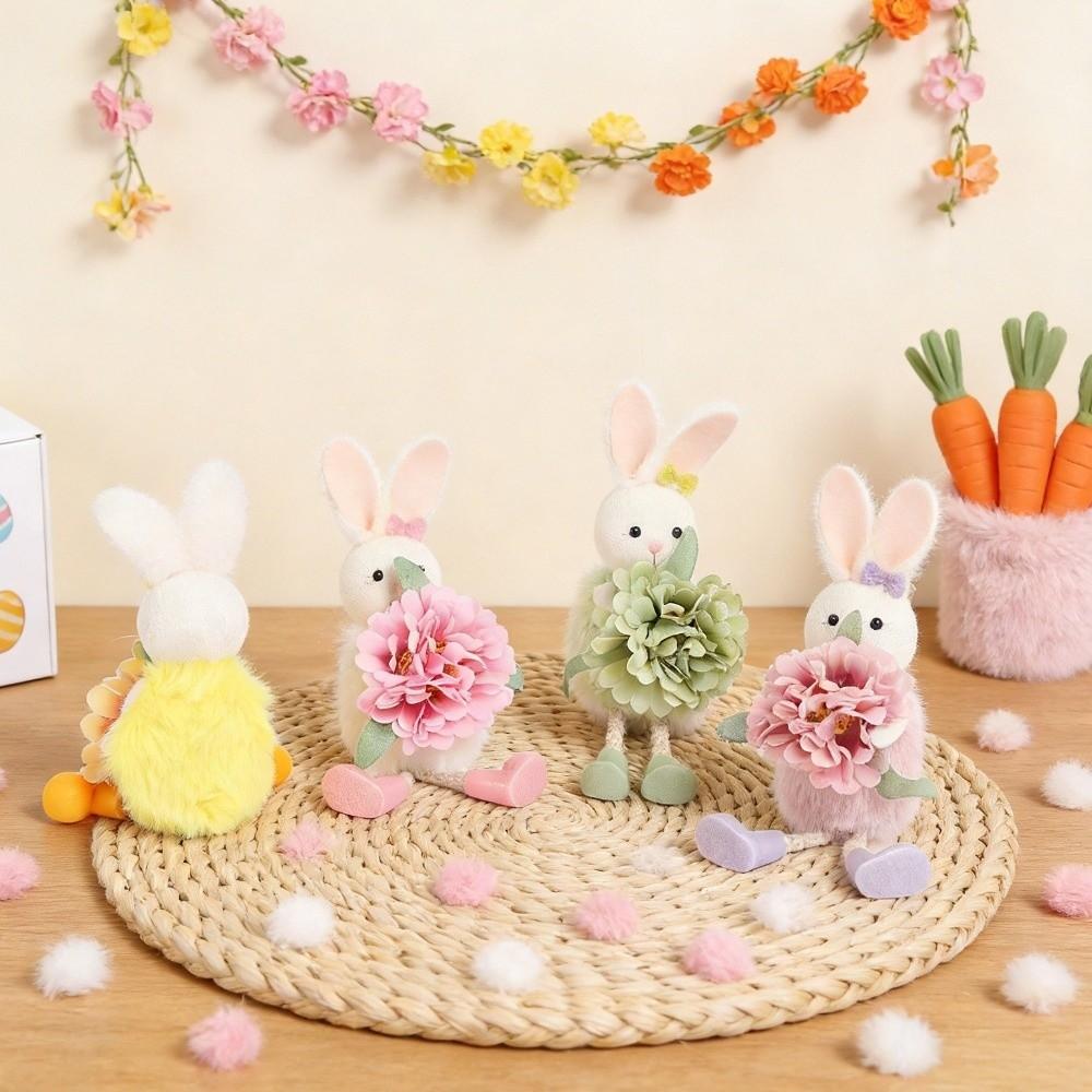 Cartoon Flower Rabbit Figurine Long Legs Easter Bunny Doll Easter Bunny Ornament Holiday Decor