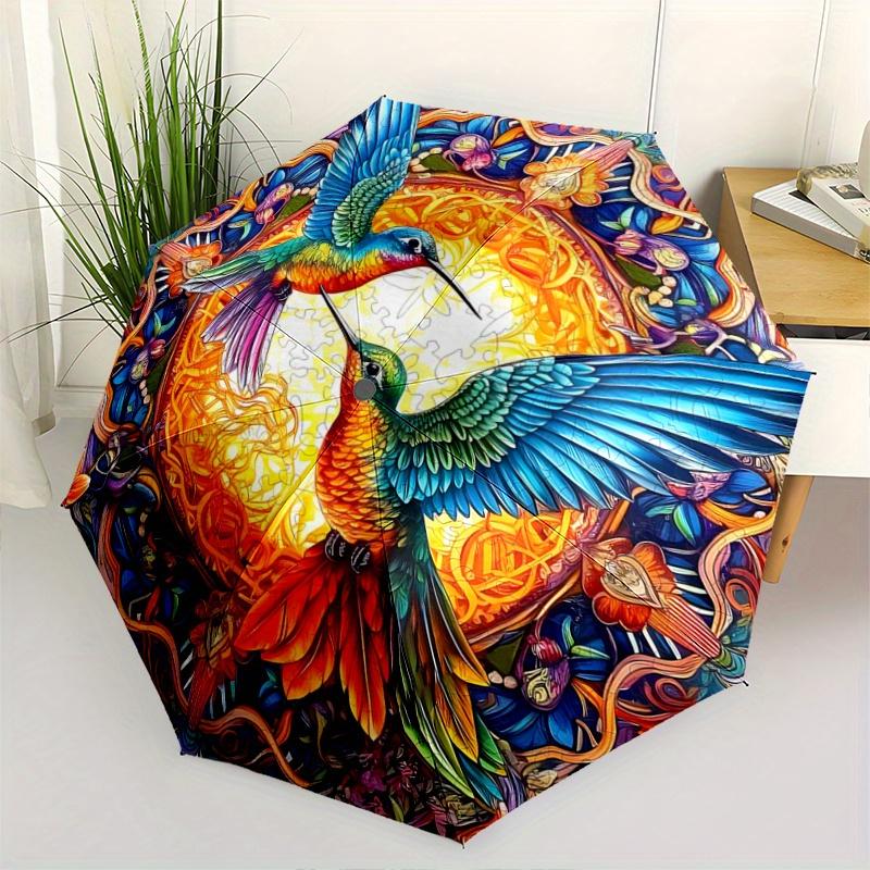 1pc Colorful Hummingbirds In a Vibrant Garden Automatic Umbrella Design, Cute Cartoon Pattern, Portable Outdoor Umbrella, Holiday Gift R067