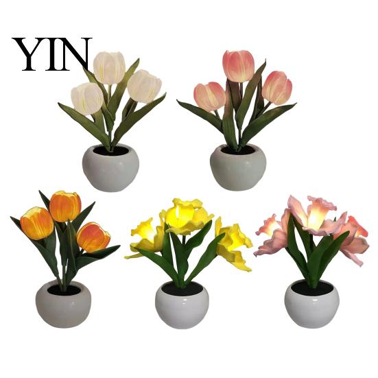 Decorative LED Tulip Lamp Flower Table Lamp, Battery Powered Artificial Night Light with Ceramic Pot, Floral for Bedroom Bedside Home Wedding