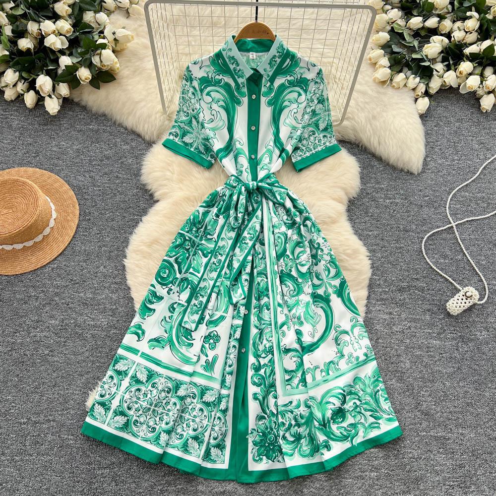 French Court Style Retro Blue and White Porcelain Printed Lapel Dress Women's Spring and Autumn Breasted Waist and Thin Big Swing Dress