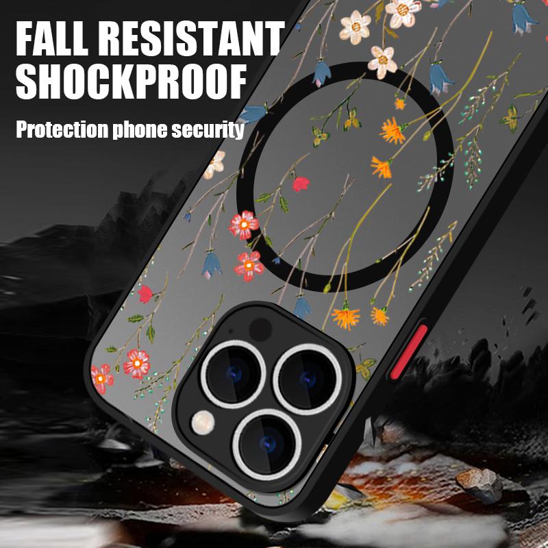 Flowers Leaves Pattern Magnetic Phone Case For iPhone 17 15 16 Pro Max 14 13 Pro 17 For Magsafe Wireless Charge Soft Edge Cover