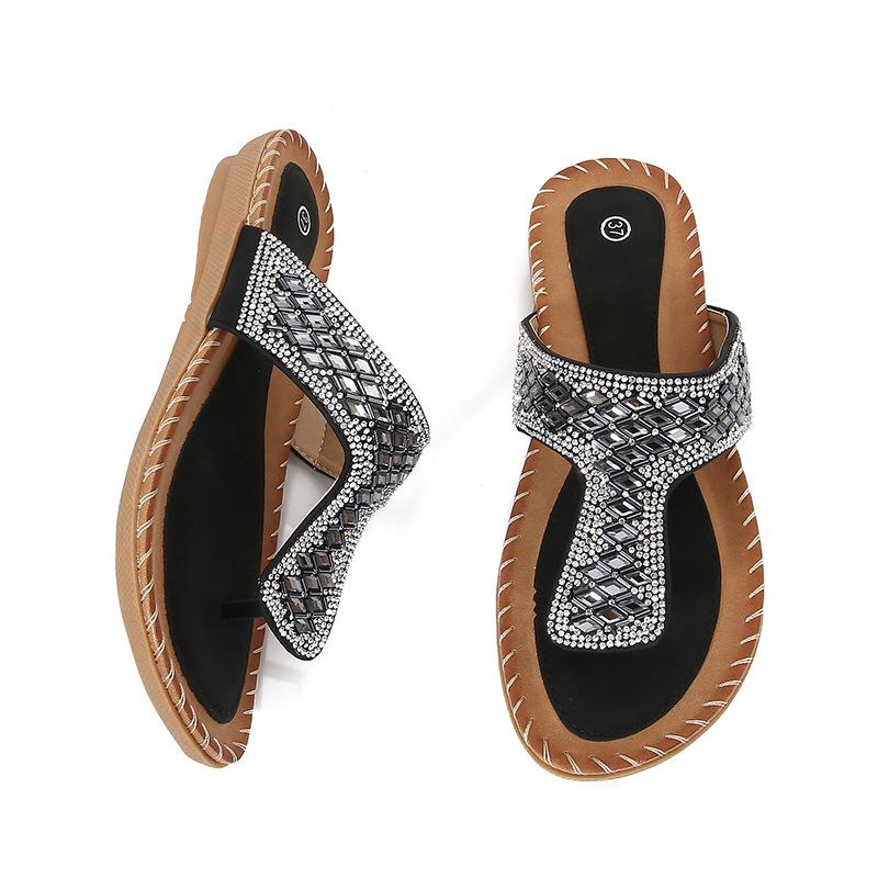 New Bohemian Cool Slippers Women's Summer Rhinestones Evening Wind Flat Bottom Round Head Pinch Feet Open Toes