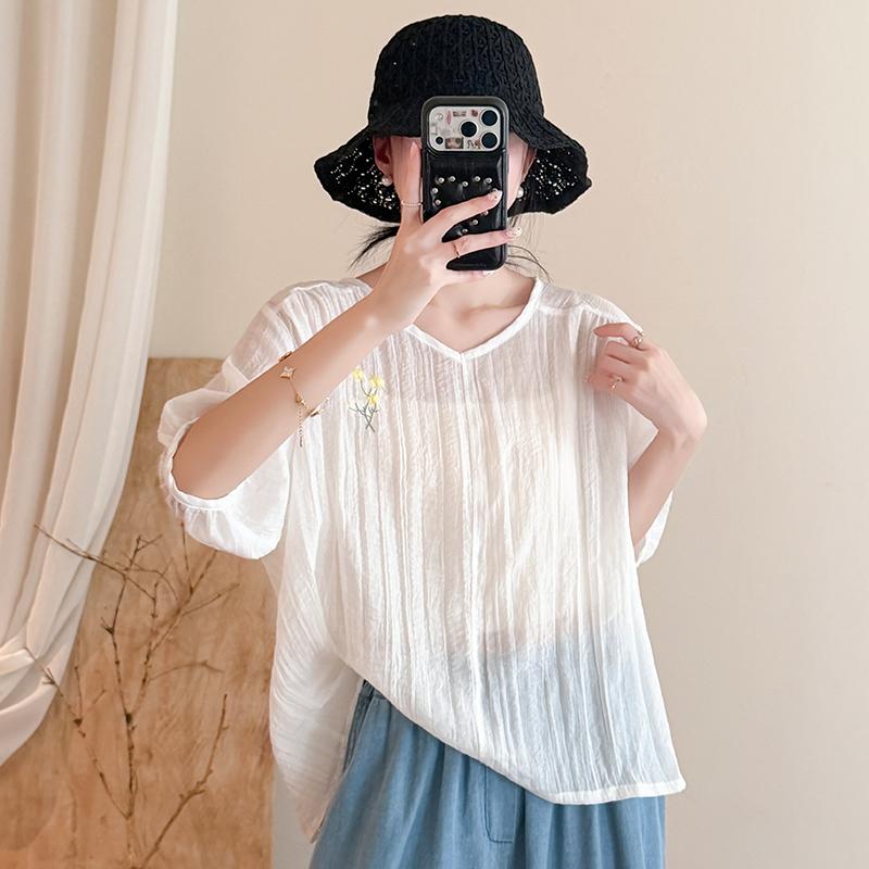 DIMANAF 2026 Summer New Plus Size Women Blouse Shirt Vintage Embroidery Loose Cotton Linen Casual Lady Tops