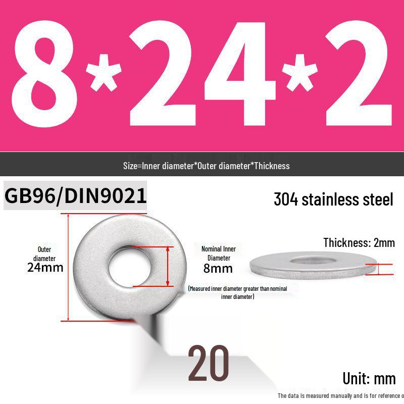 304 Stainless Steel Thickened Flat Washer Ring - Various Sizes (M1.6-M22)