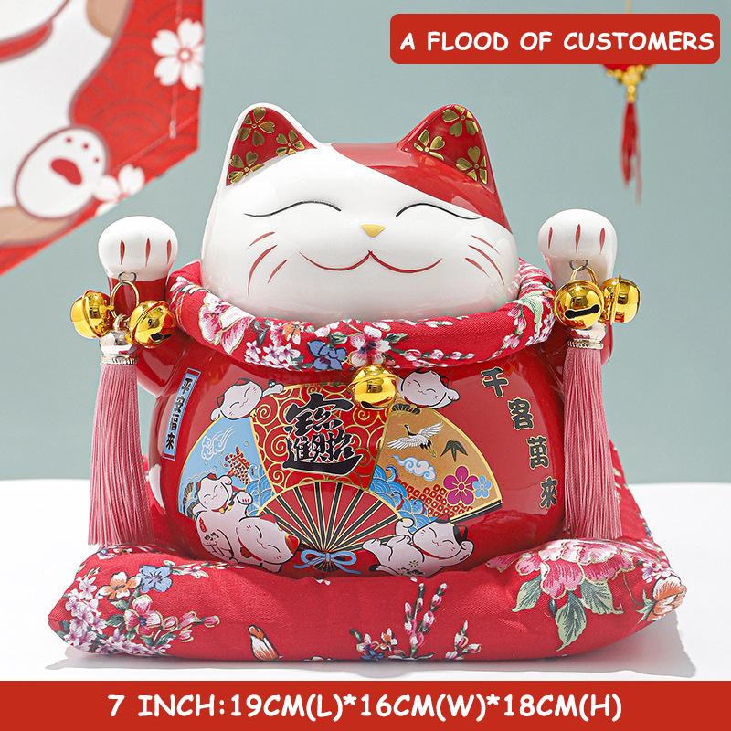 7 inch Ceramic Lucky Cat Statue Maneki Neko Porcelain Fortune Cats Figure Money Bank Feng Shui Decor Ornament Home Centerpiece