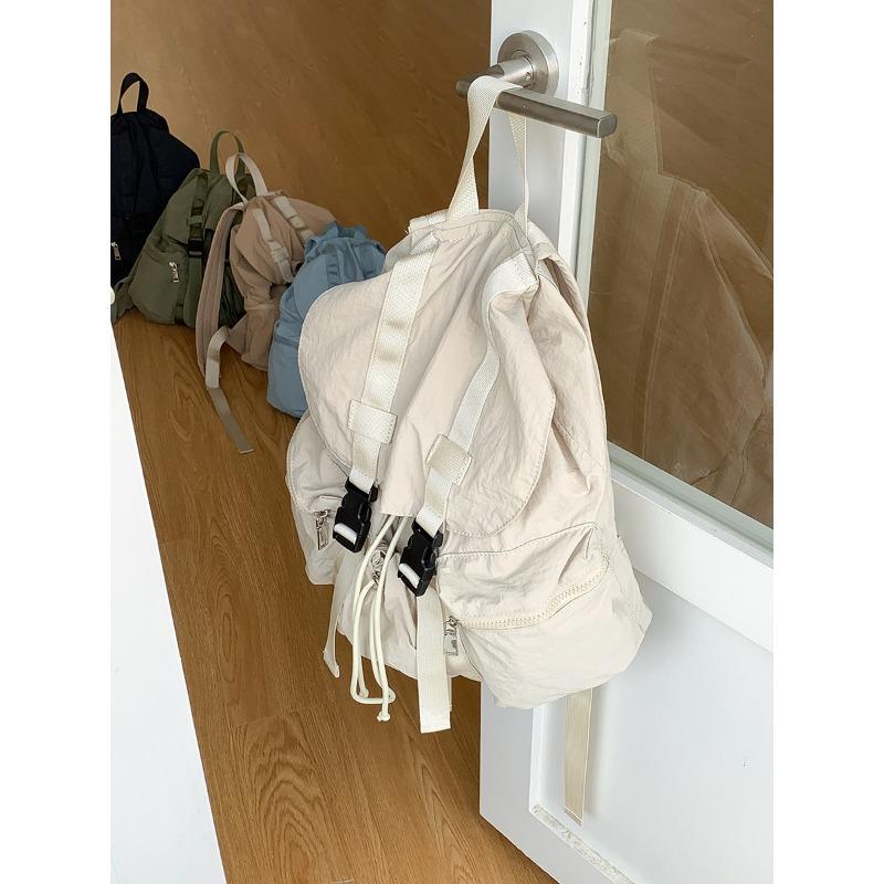 Flip Pull Rope Pleated Backpack Simple Female College Student Schoolbag Casual Buckle Large Capacity Backpack