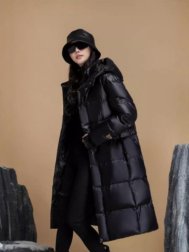 Black Gold Couple's High-End Hooded Long Down Jacket - Unisex, Over-the-Knee, Winter Warmth