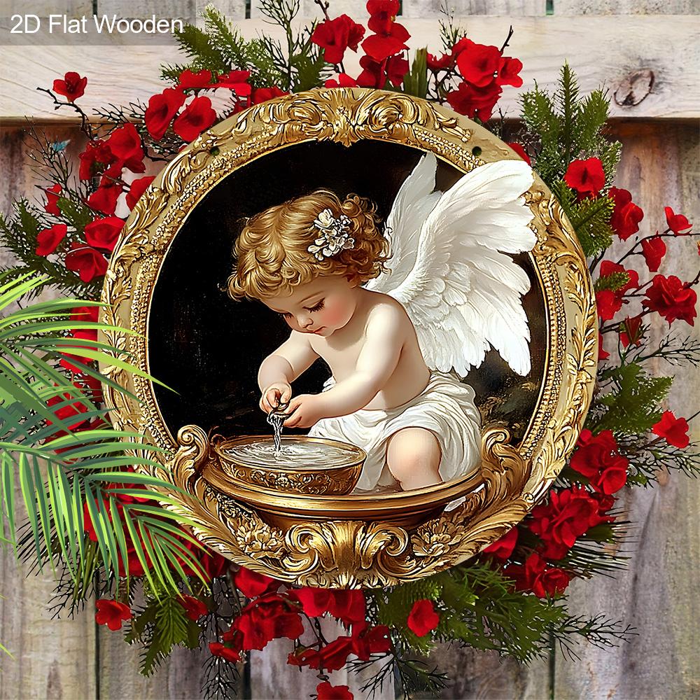 2D Flacher Niedlicher Engel mit Weißen Flügeln Holz Wandkunst Dekor, Engel mit Goldenem Lockigem Haar Hängedekor für Zuhause Büro Schule Bar Eingangsbereich Veranda Zimmer