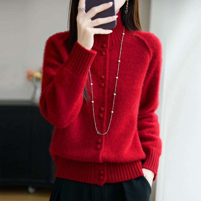 Women's Solid Color Wool Cardigan - High Neck, Long Sleeve, Loose Fit Sweater