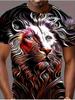 Men's 3D Embossed Lion Head Print T-Shirt Metallic Texture Wild Animal Luxury Crew Neck Top