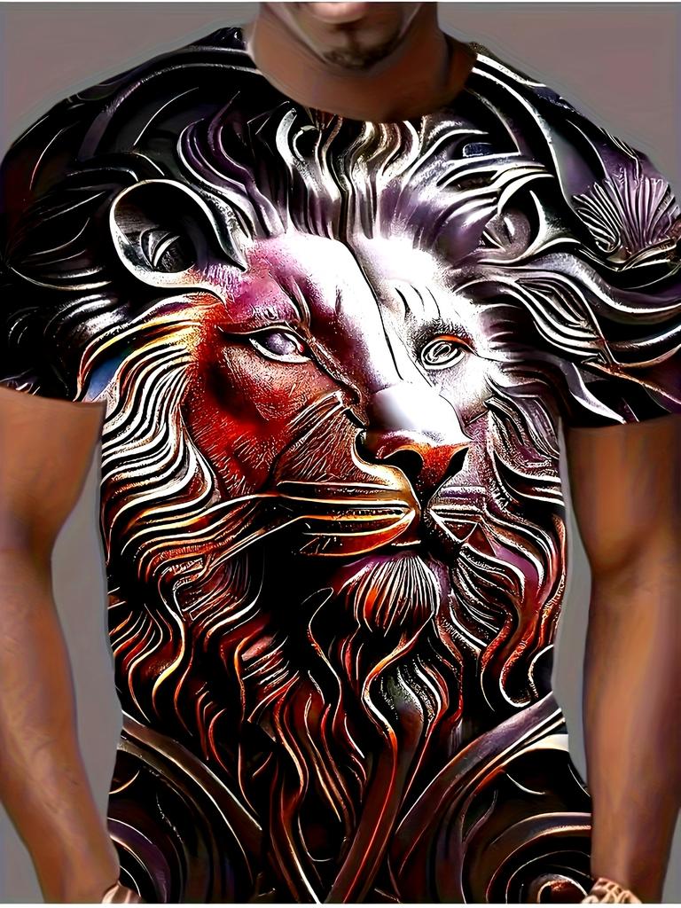 Men's 3D Embossed Lion Head Print T-Shirt Metallic Texture Wild Animal Luxury Crew Neck Top