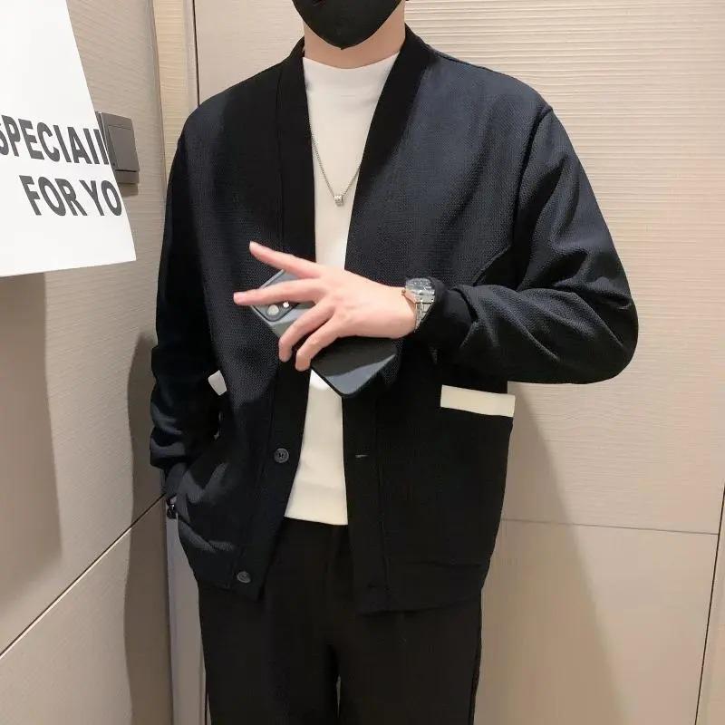 Autumn Winter Solid Color Long-sleeved V-neck Cardigan Sweater Men's Knitted Fashion Casual Loose Jacket