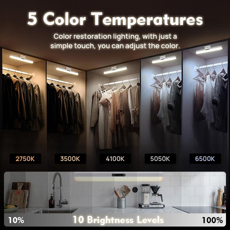 Magnetic LED Light Bar, 4500mAh Rechargeable Battery, Wireless No Drill Installation, for Closet Cabinet Bedside Desk Vanity, Motion Sensor Light