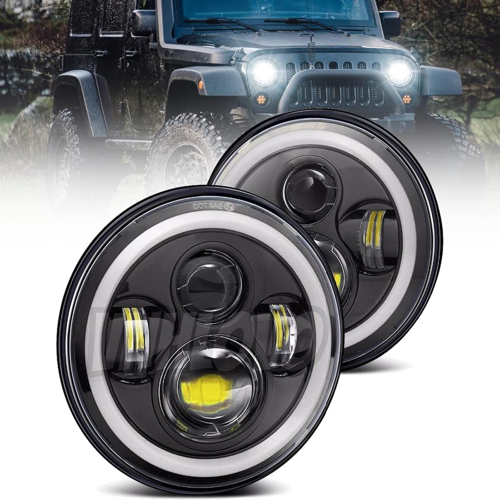 Ultra Brightness 7 Inch LED Headlight Round H6024 Halo Headlight 6500K Cool White Compatible with Motorcycle Jeep Wrangler JK TJ CJ Defender Mustang