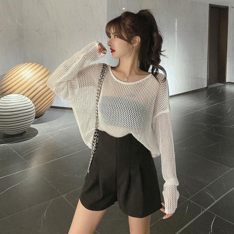 

Трикотажный пуловер, выдолбленные солнцезащитные топы, ледяной шелковый трикотаж, свитера, женские футболки, женская одежда