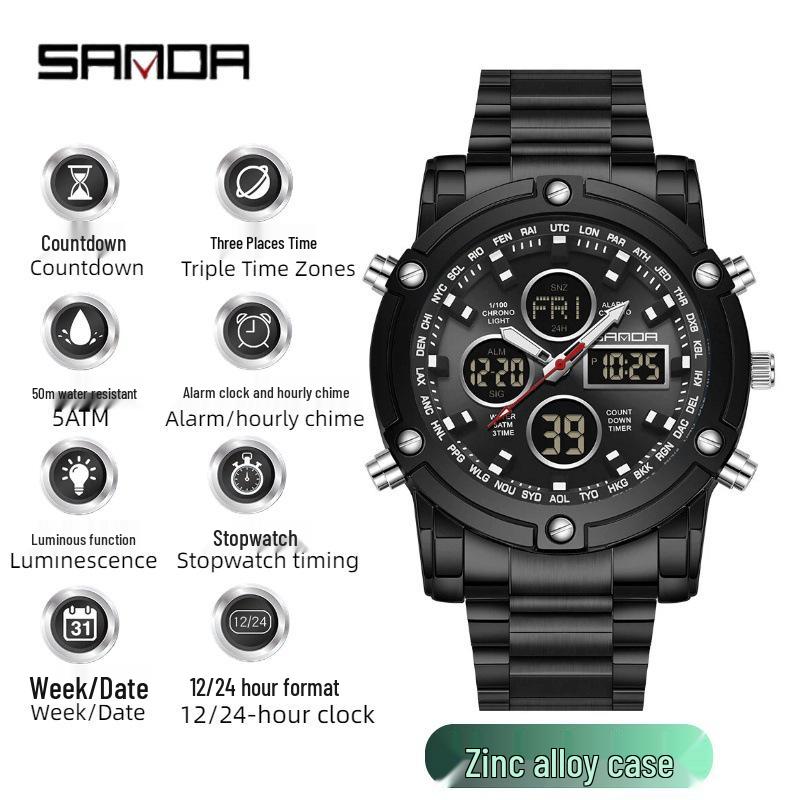 Sanda Tide Men's Dual Display Chronograph Watch: Cool Steel Band, Large Screen, Multifunctional, Waterproof, with Alarm Clock.