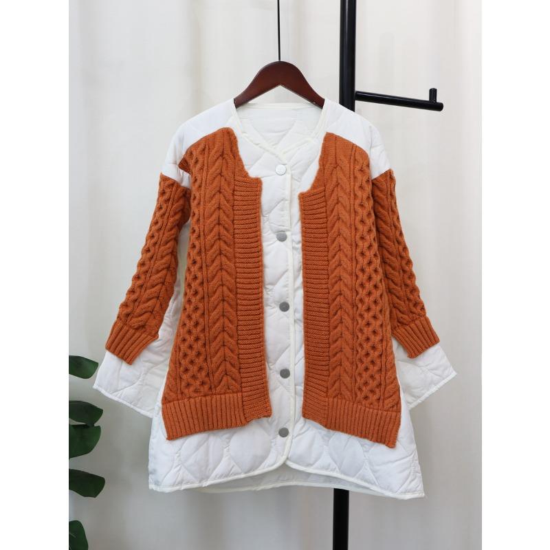 Autumn and winter loose splicing cotton clothes knitted cardigan women's rhombus contrasting color sweater jacket contrasting color design