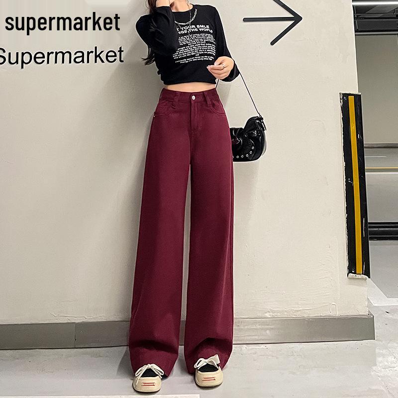 

Ankela Women s Red Retro High-Waisted Wide-Leg Jeans, Street Style, Floor-Length, Plus Velvet M