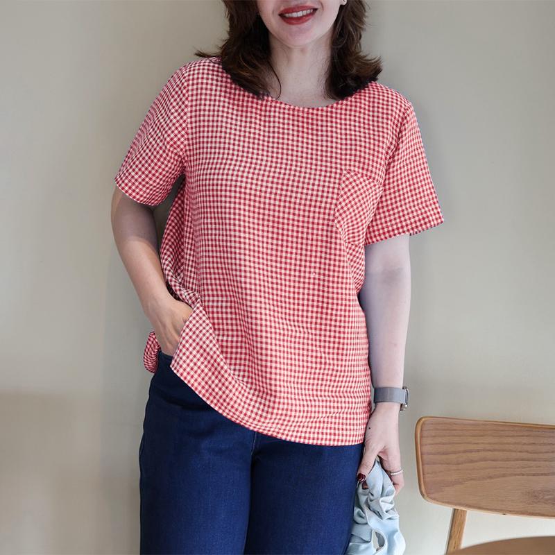

ZANZEA Women Casual Round Neck Short Sleeve Plaid Print Blouse 5XL червоний