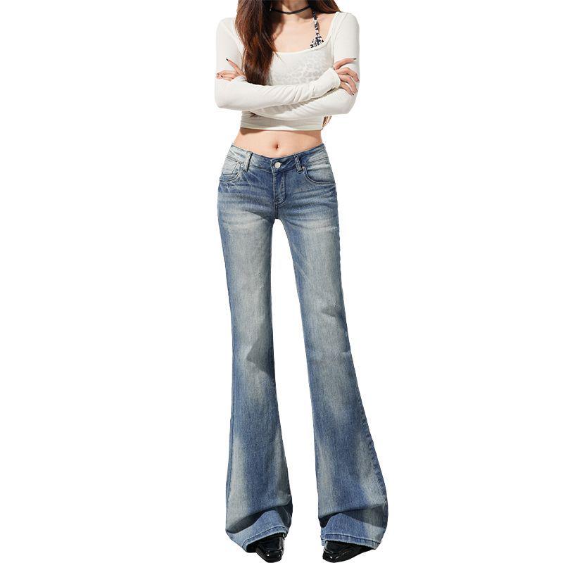 2026 Spring Women's High-Waisted Embroidered Micro-Flare Jeans In American Retro Blue.