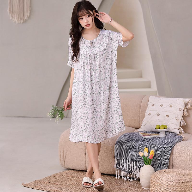 Artificial cotton silk nightdress, lace-up rope, round neck over knee, enlarged long dress, soft, comfortable and breathable, fairy casual style skirt