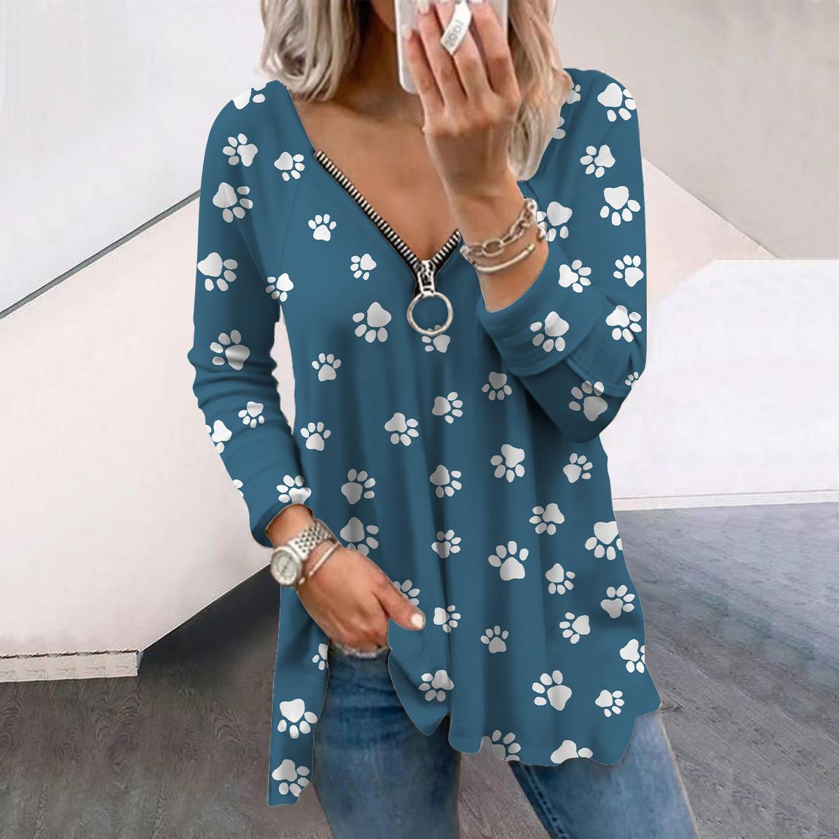 

Женские осенние мини-футболки с длинным рукавом и принтом «собачий коготь», свободные футболки больших размеров с V-образным вырезом, удобные блузки L синий